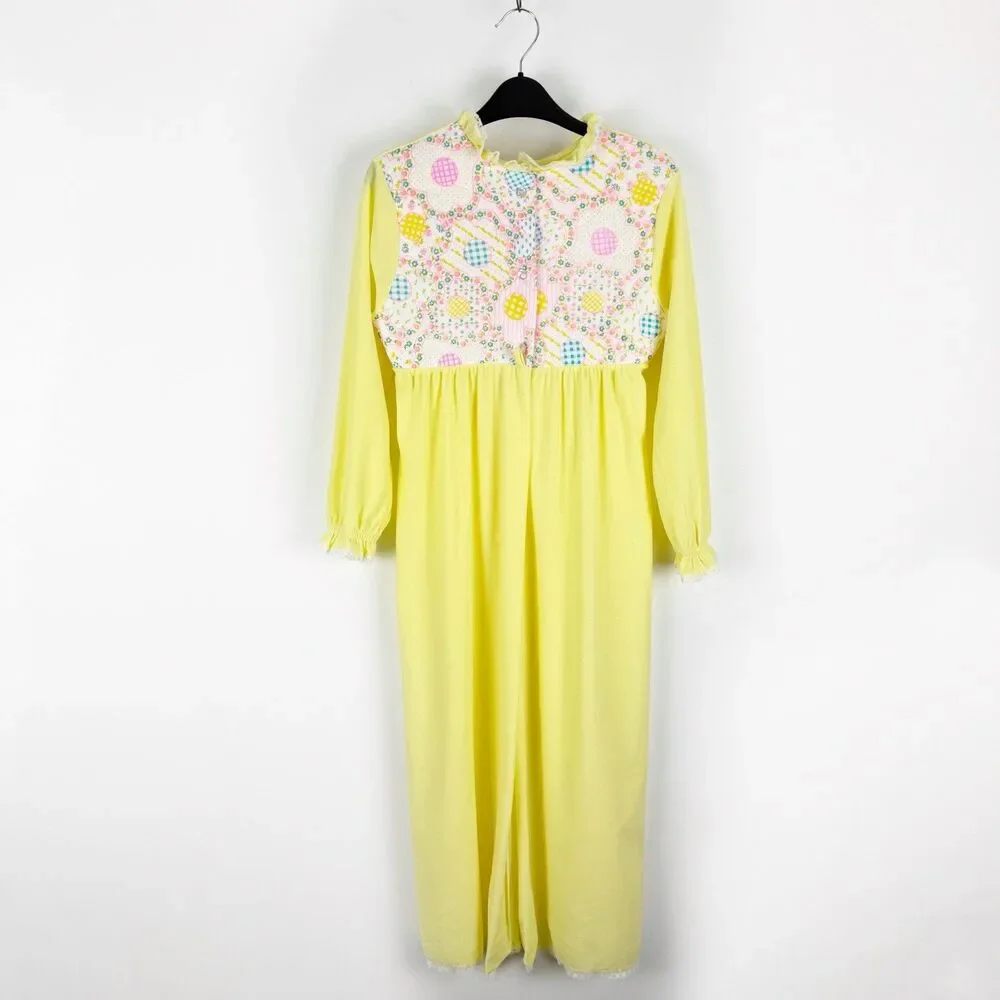 VTG Her Majesty Pajama Nightgown Girls 8 Flannel Lace Trim Yellow Quilted USA